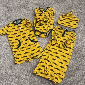 ^(4) KicKee Pants Yellow Shark Print Layette Sleep Sack + Hat Romper & Onesie